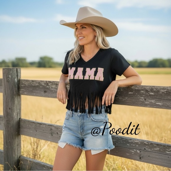 boutique Tops - MAMA chenille graphic fringe tee S M L XL